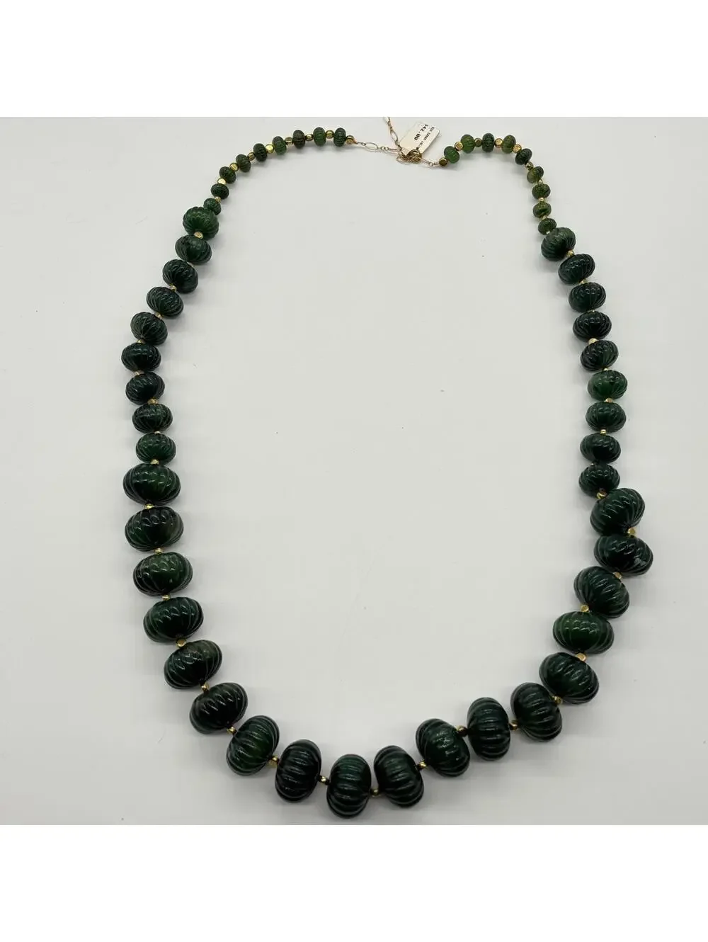 NEW Vintage Carved Green Lucite Beaded Necklace Gold Beads Accents